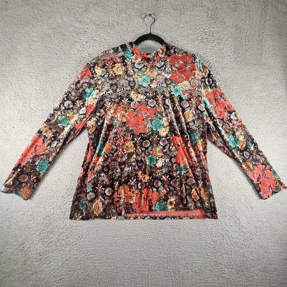 LM London Muse Womens L Floral Mock Neck Velvet Burnout Retro 70s Boho Vtg Vibes